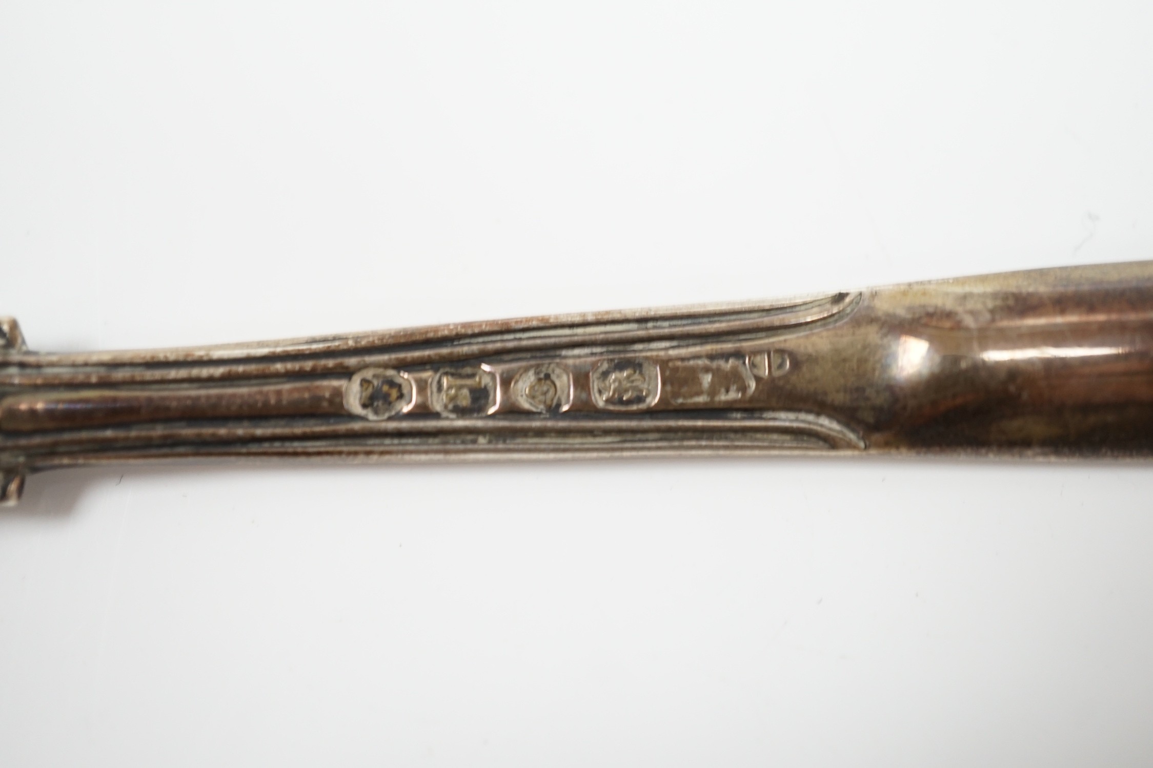 A George III silver marrow scoop, Jacob Marsh, London, 1774, 24.9cm and a George IV silver thread and shell pattern marrow scoop, William Eaton?, London, 1825.
